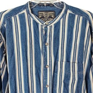 Coliseum Mens XL Striped Grandad Collar Denim Shirt Blue Cotton Gorpcore 90s